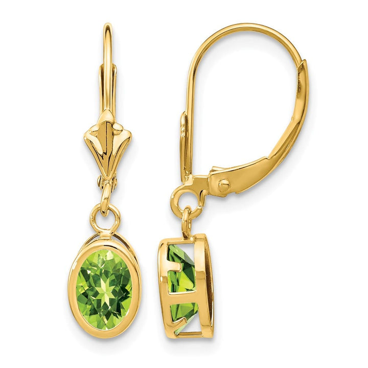 14K Yellow Gold 7x5mm Oval Bezel Leverback Dangle Earrings, view 9 of 24