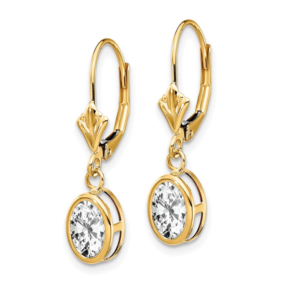 14K Yellow Gold 7x5mm Oval Bezel Leverback Dangle Earrings, view 2 of 24