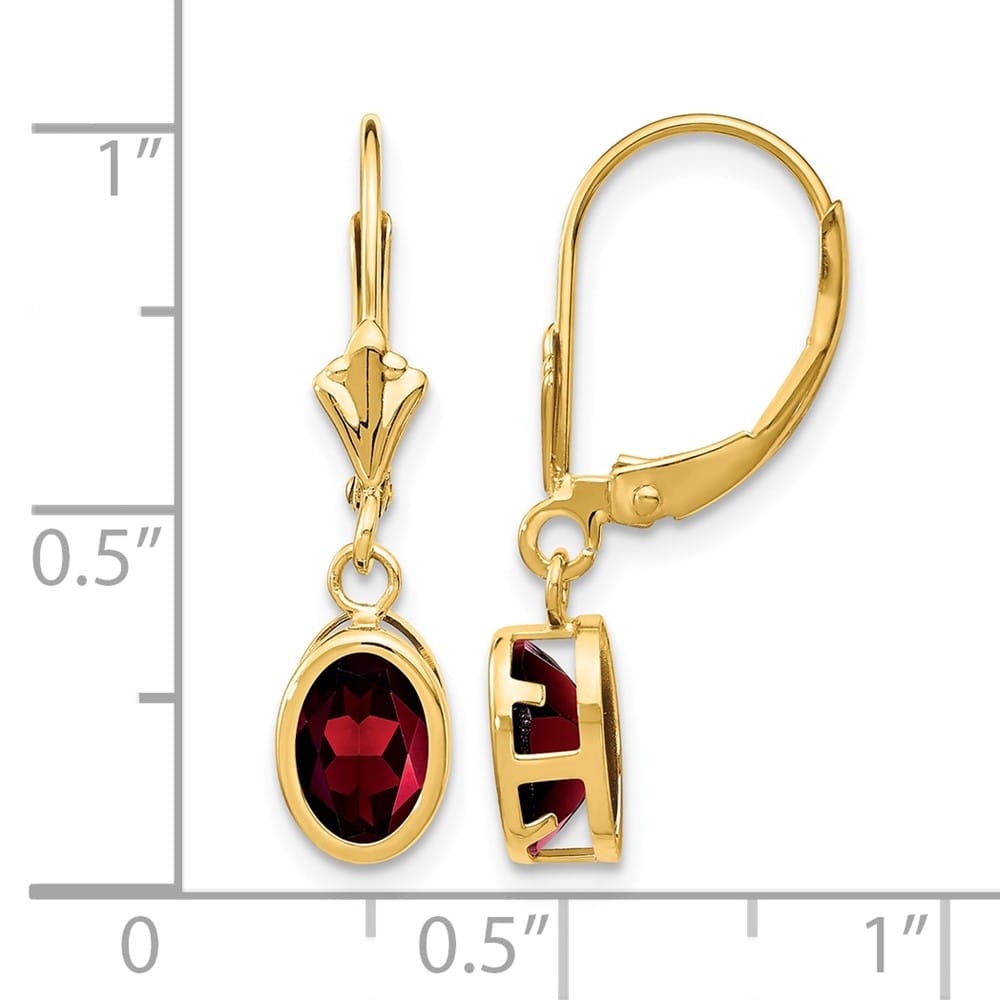 14K Yellow Gold 7x5mm Oval Bezel Leverback Dangle Earrings, Garnet, view 24 of 24