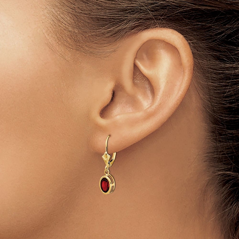 14K Yellow Gold 7x5mm Oval Bezel Leverback Dangle Earrings, Garnet, view 23 of 24