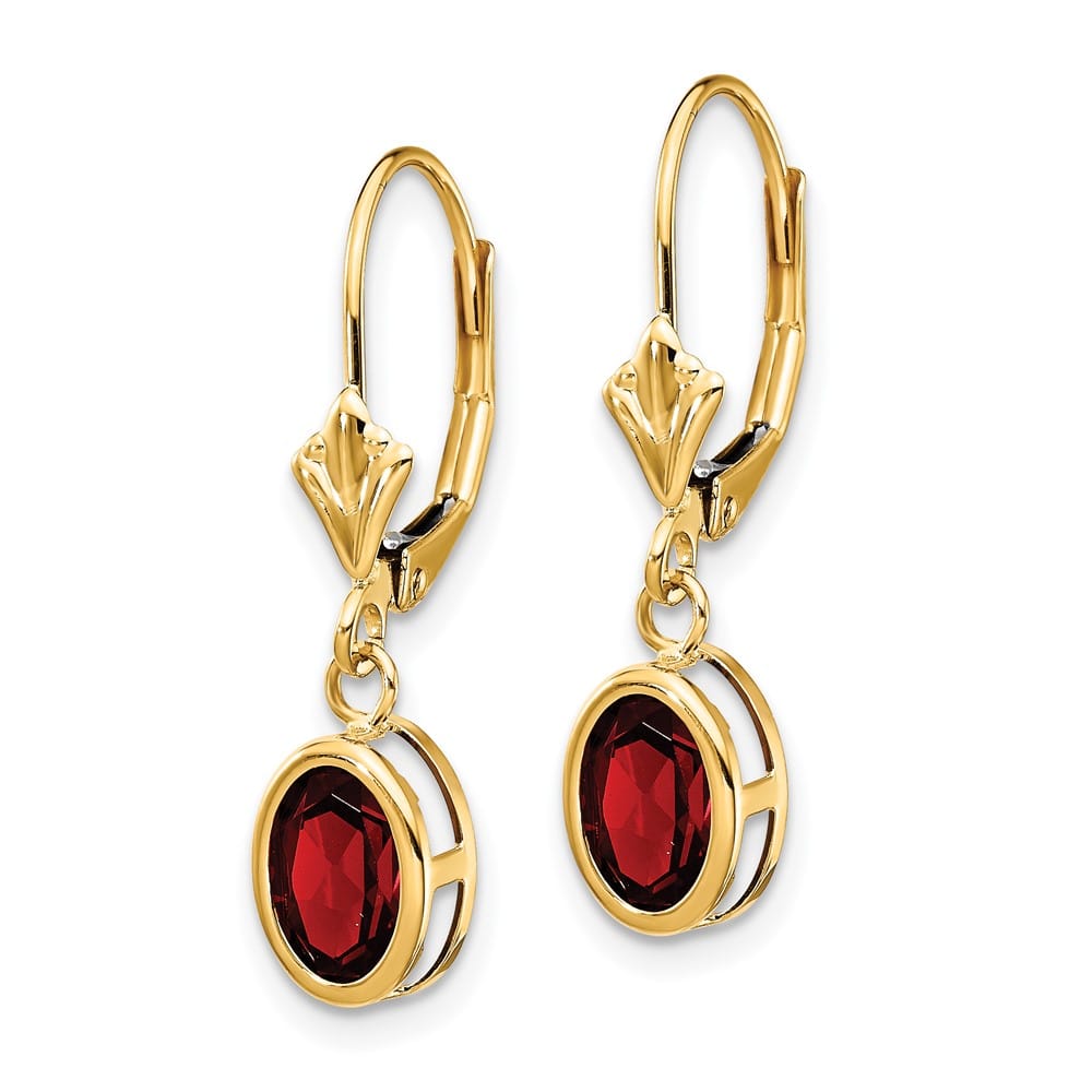 14K Yellow Gold 7x5mm Oval Bezel Leverback Dangle Earrings, Garnet, view 22 of 24