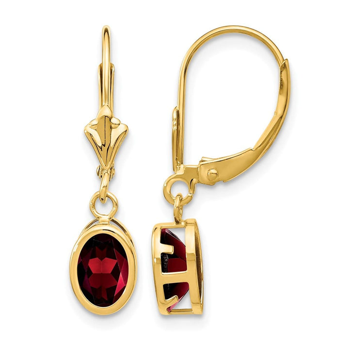 14K Yellow Gold 7x5mm Oval Bezel Leverback Dangle Earrings, Garnet, view 21 of 24