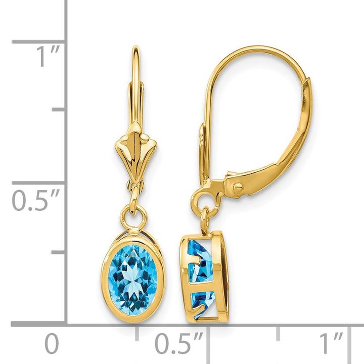 14K Yellow Gold 7x5mm Oval Bezel Leverback Dangle Earrings, Swiss Blue Topaz, view 20 of 24