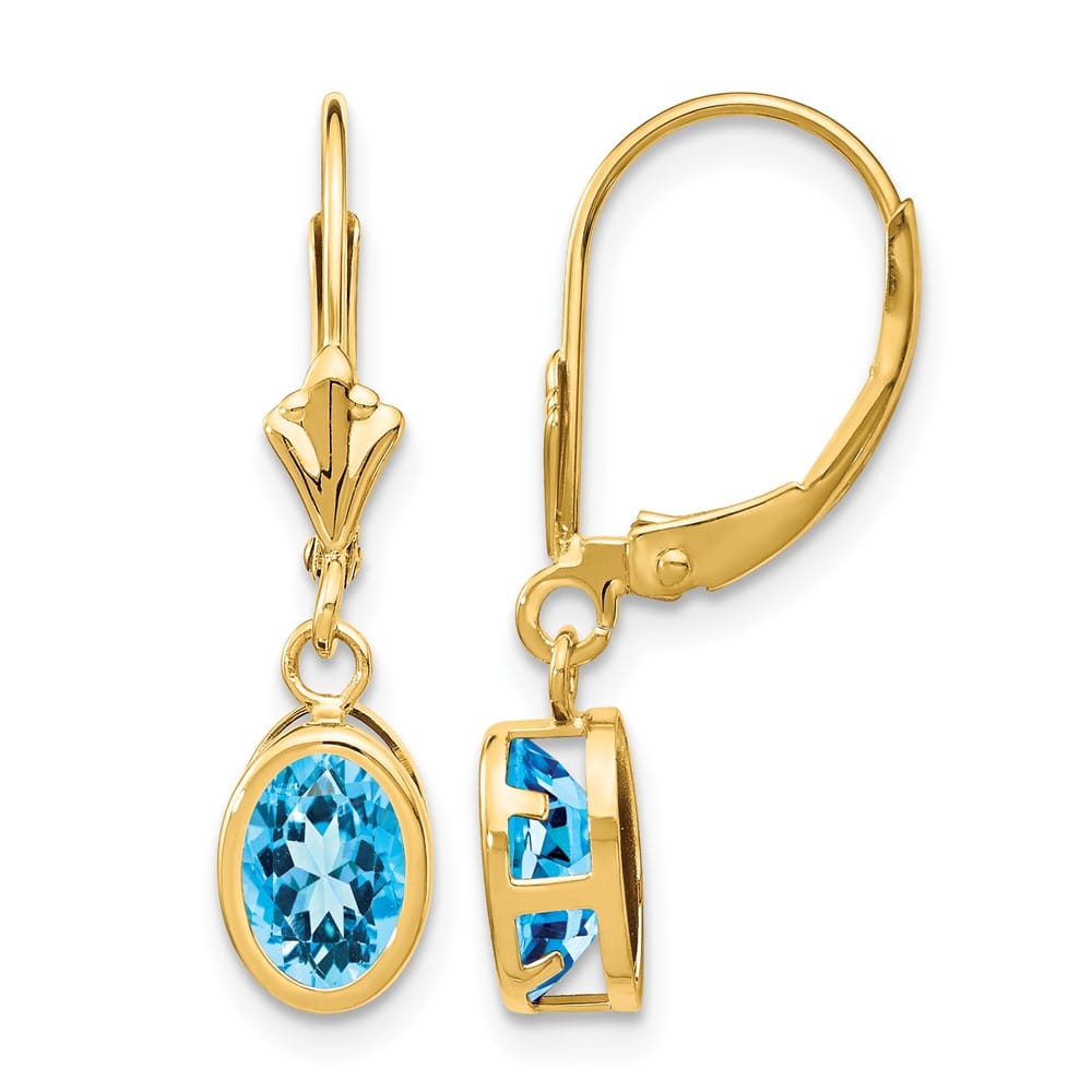 14K Yellow Gold 7x5mm Oval Bezel Leverback Dangle Earrings, Swiss Blue Topaz, view 17 of 24