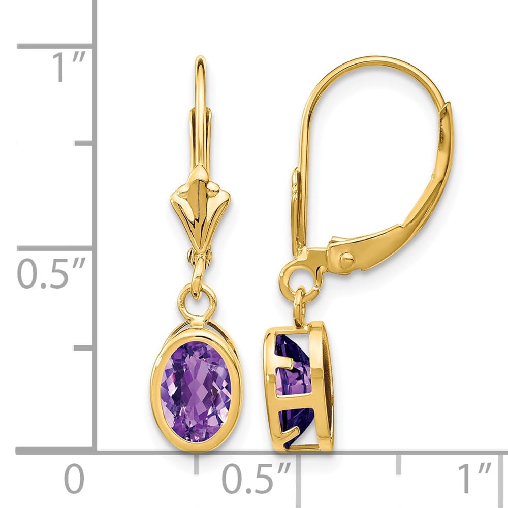 14K Yellow Gold 7x5mm Oval Bezel Leverback Dangle Earrings, Amethyst, view 16 of 24