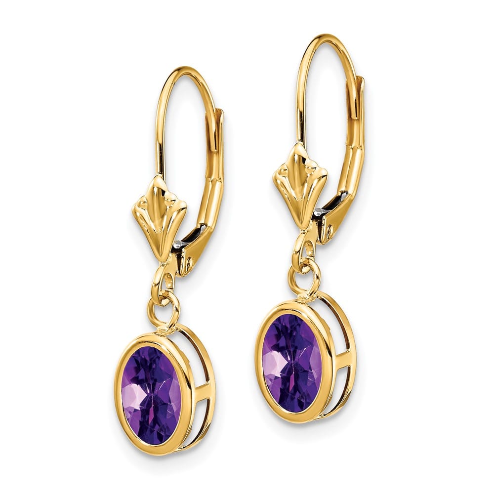 14K Yellow Gold 7x5mm Oval Bezel Leverback Dangle Earrings, Amethyst, view 14 of 24