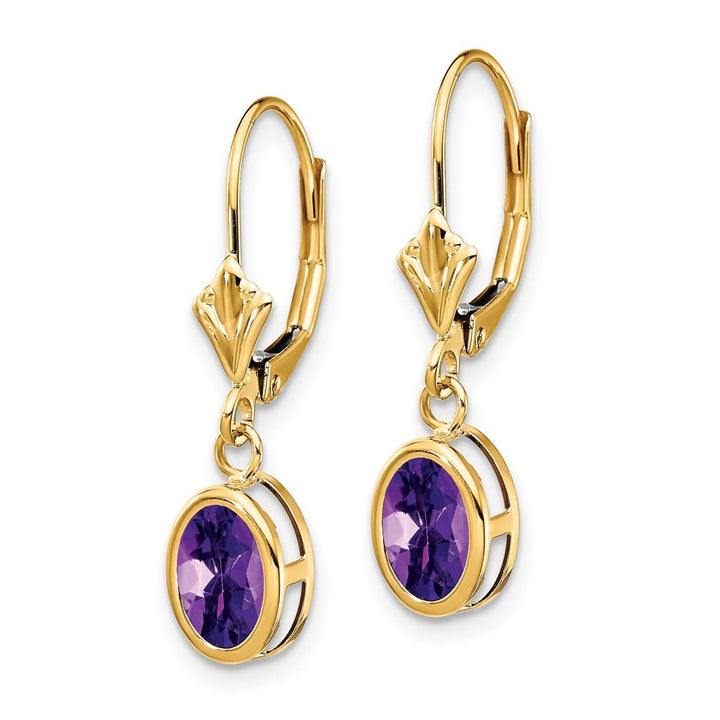 14K Yellow Gold 7x5mm Oval Bezel Leverback Dangle Earrings, Amethyst, view 14 of 24