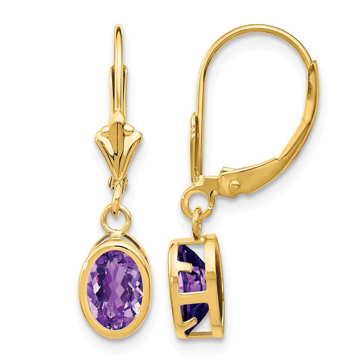 14K Yellow Gold 7x5mm Oval Bezel Leverback Dangle Earrings, Amethyst, view 13 of 24