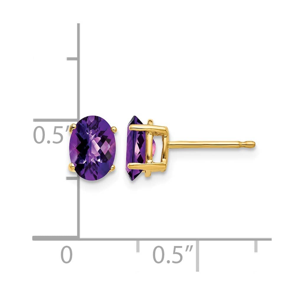 14K Yellow Gold 7x5mm Oval Checker-cut Amethyst Post Earrings, view 4 of 4