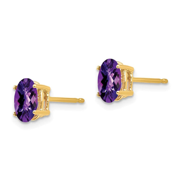 14K Yellow Gold 7x5mm Oval Checker-cut Amethyst Post Earrings, view 2 of 4