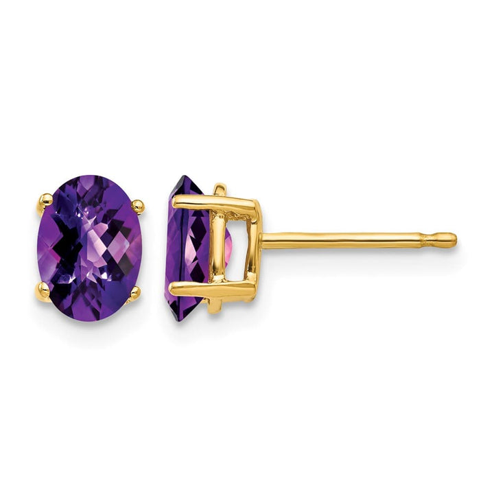 14K Yellow Gold 7x5mm Oval Checker-cut Amethyst Post Earrings, view 1 of 4