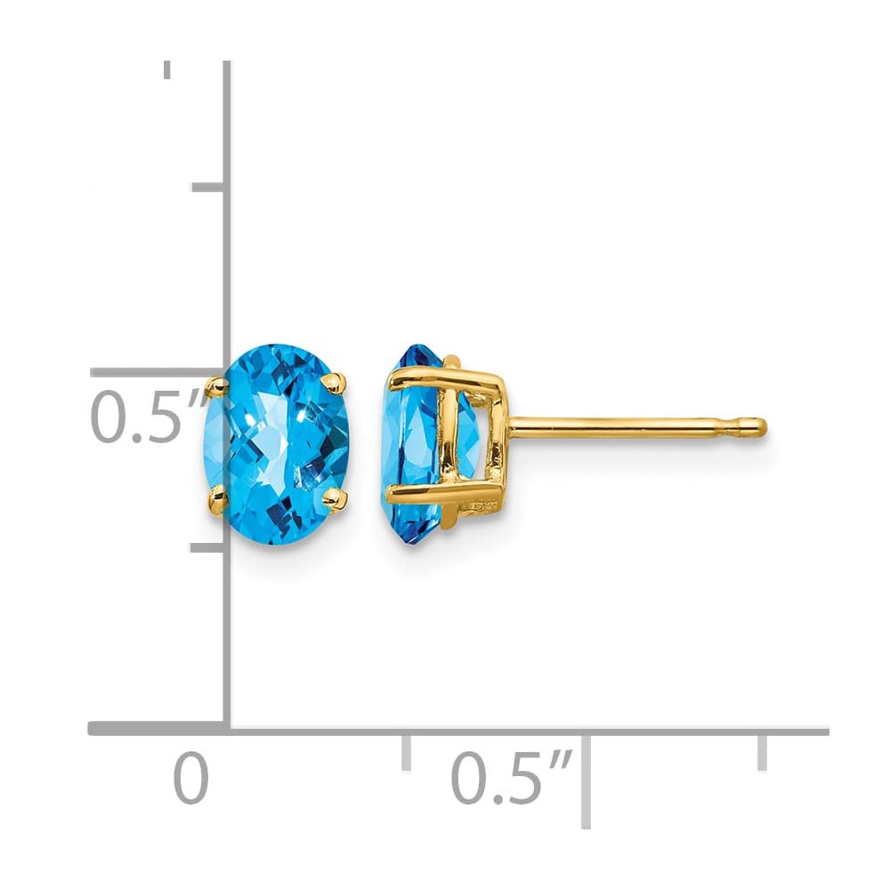 14K Yellow Gold 7x5mm Oval Checker-cut Blue Topaz Post Earrings, view 4 of 4
