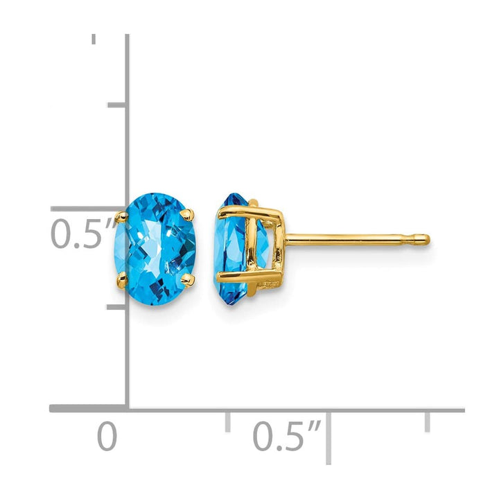 14K Yellow Gold 7x5mm Oval Checker-cut Blue Topaz Post Earrings, view 4 of 4