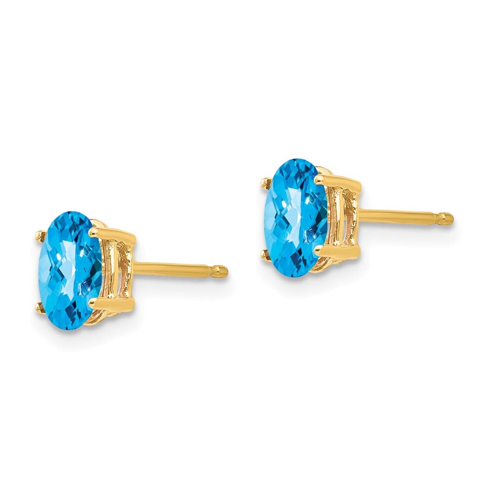 14K Yellow Gold 7x5mm Oval Checker-cut Blue Topaz Post Earrings, view 2 of 4