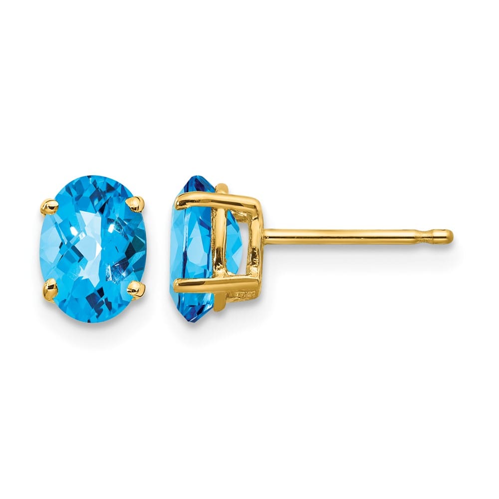 14K Yellow Gold 7x5mm Oval Checker-cut Blue Topaz Post Earrings, view 1 of 4