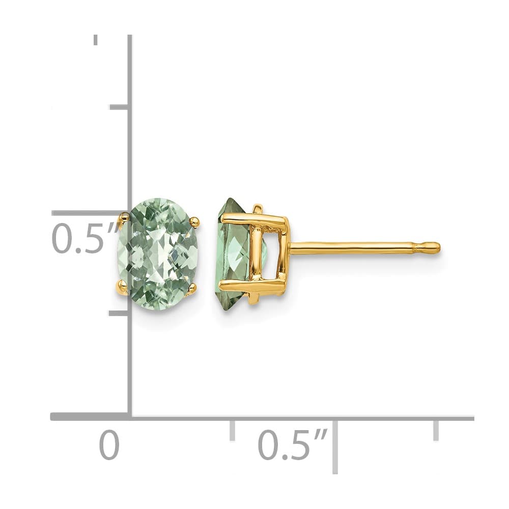 14K Yellow Gold 7x5mm Oval Checker-Cut Green Quartz Post Earrings, view 4 of 4