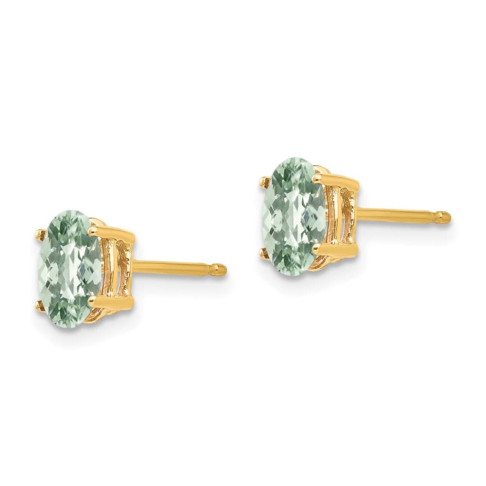 14K Yellow Gold 7x5mm Oval Checker-Cut Green Quartz Post Earrings, view 2 of 4
