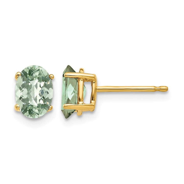 14K Yellow Gold 7x5mm Oval Checker-Cut Green Quartz Post Earrings, view 1 of 4