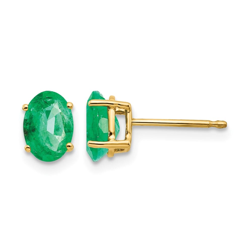 14K Yellow Gold 7x5mm Oval Emerald Post Earrings, view 1 of 4