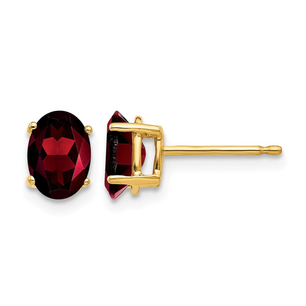 14K Yellow Gold 7x5mm Oval Garnet Post Earrings, view 1 of 4