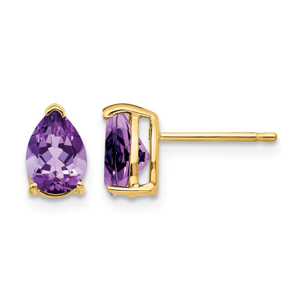14K Yellow Gold 7x5mm Pear Amethyst Post Earrings, view 1 of 4