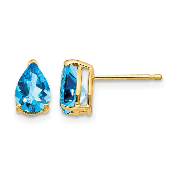 14K Yellow Gold 7x5mm Pear Blue Topaz Post Earrings, view 1 of 4