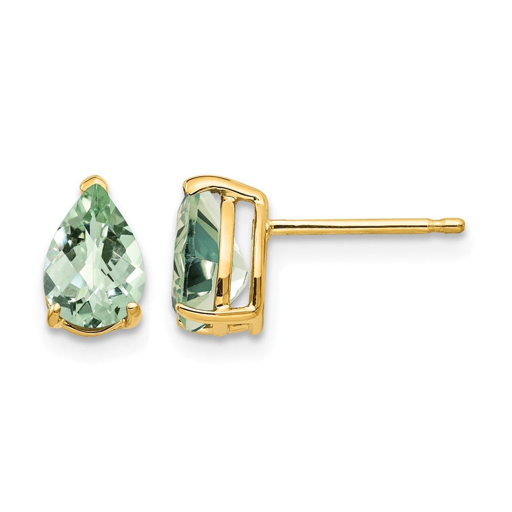 14K Yellow Gold 7x5mm Pear Checker-Cut Green Quartz Post Earrings, view 1 of 4