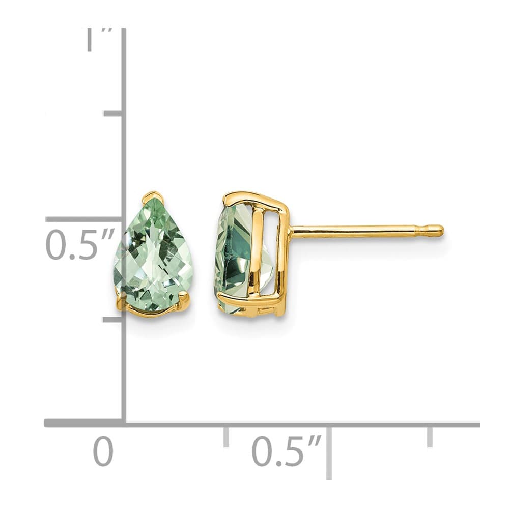 14K Yellow Gold 7x5mm Pear Checker-Cut Green Quartz Post Earrings, view 4 of 4