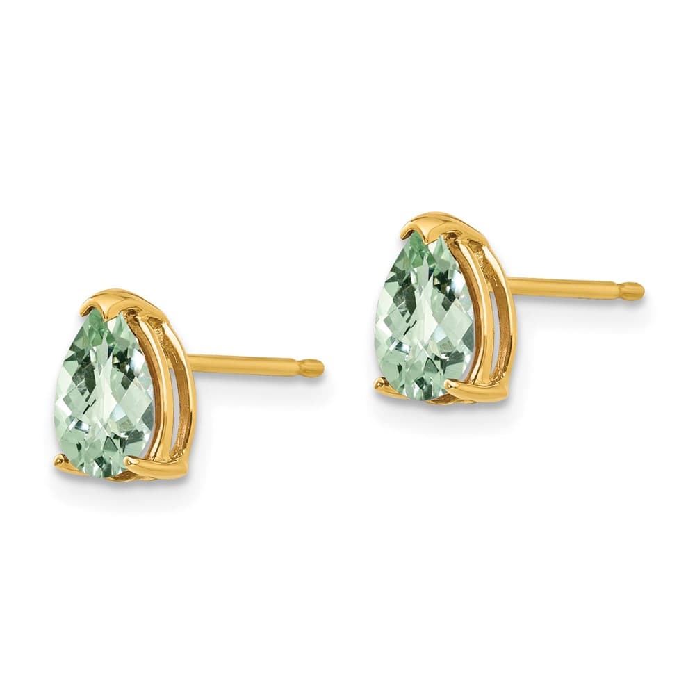 14K Yellow Gold 7x5mm Pear Checker-Cut Green Quartz Post Earrings, view 2 of 4