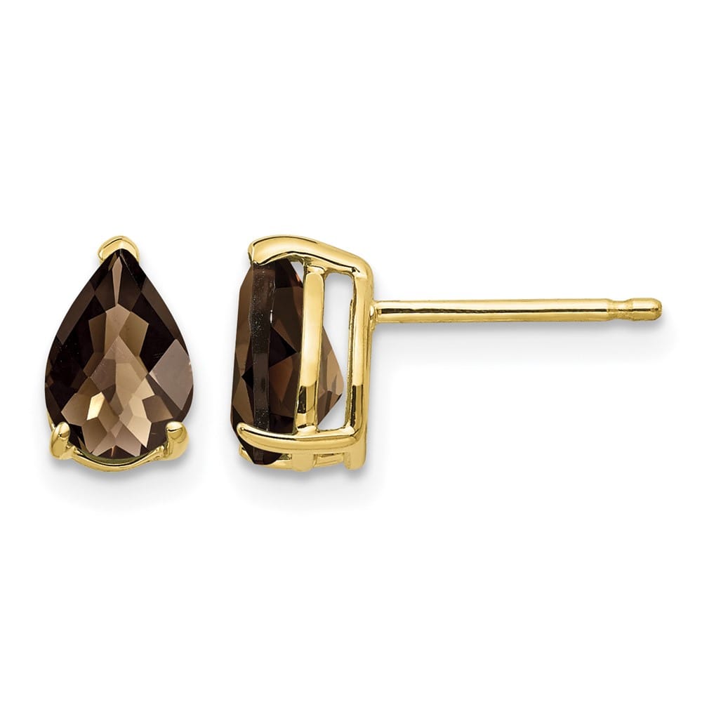 14K Yellow Gold 7x5mm Pear Checker-Cut Smoky Quartz Post Earrings, view 1 of 4