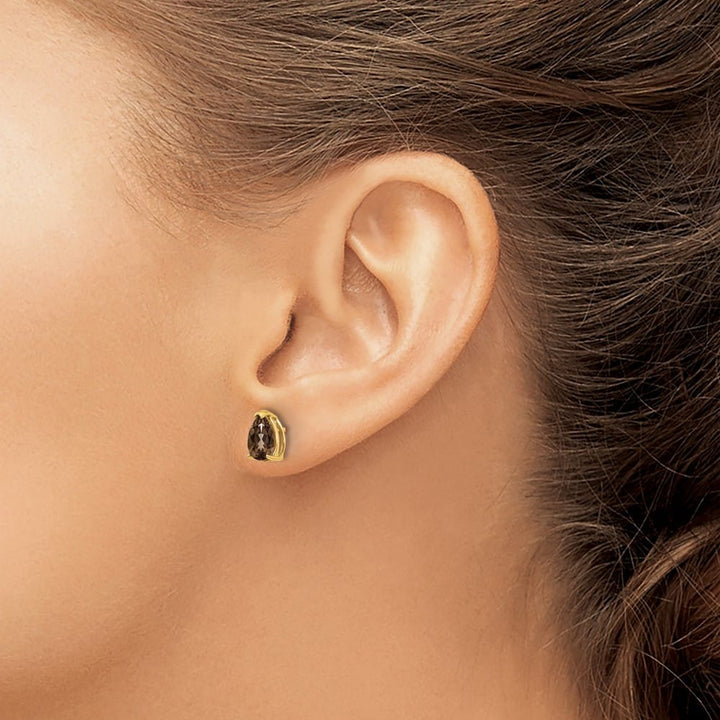 14K Yellow Gold 7x5mm Pear Checker-Cut Smoky Quartz Post Earrings, view 3 of 4