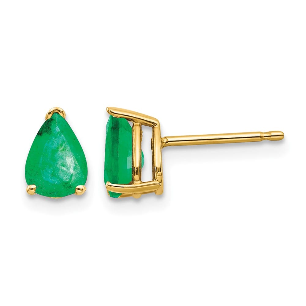 14K Yellow Gold 7x5mm Pear Emerald Post Earrings, view 1 of 2