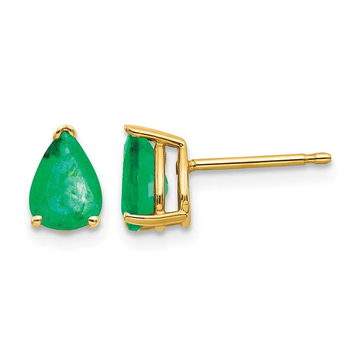 14K Yellow Gold 7x5mm Pear Emerald Post Earrings, view 1 of 2