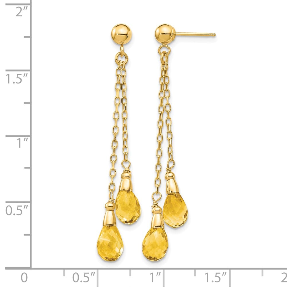 14K Yellow Gold 7x5mm Teardrop Citrine Chain Dangle Post Earrings
