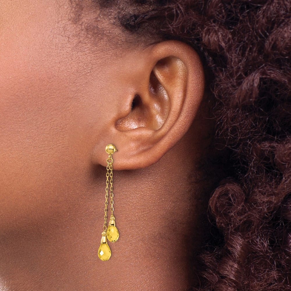 14K Yellow Gold 7x5mm Teardrop Citrine Chain Dangle Post Earrings