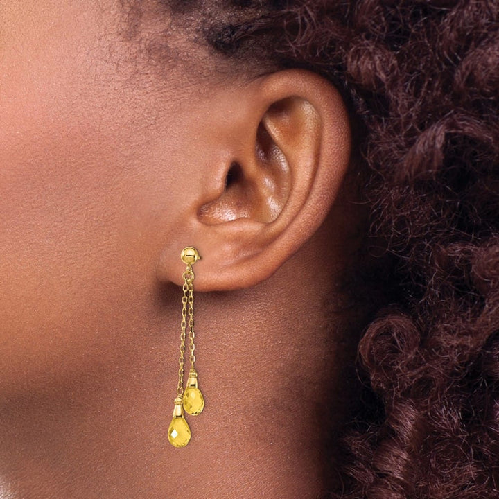 14K Yellow Gold 7x5mm Teardrop Citrine Chain Dangle Post Earrings