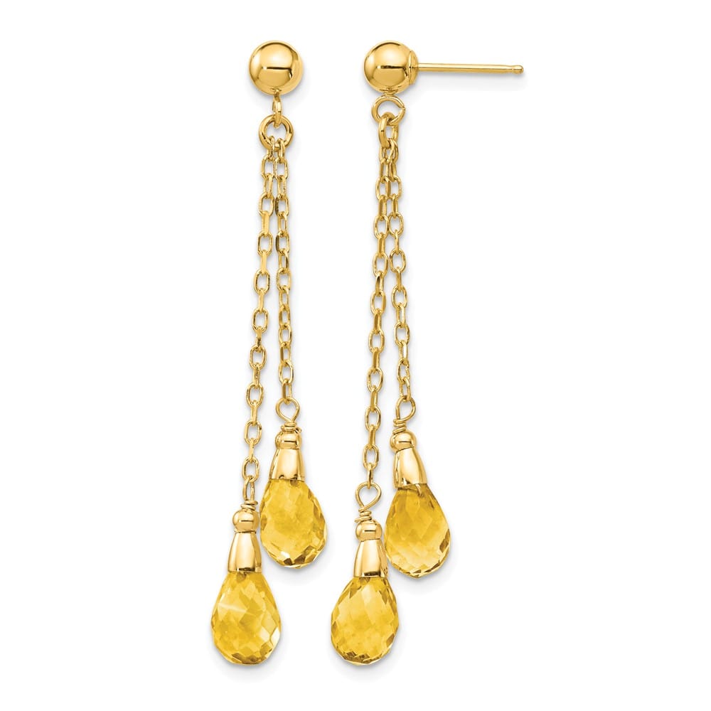 14K Yellow Gold 7x5mm Teardrop Citrine Chain Dangle Post Earrings