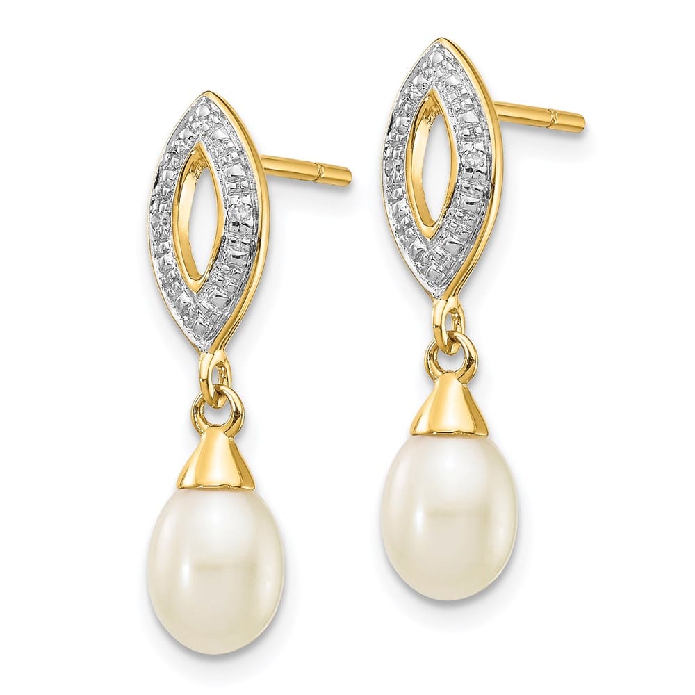 14K Yellow Gold 7x5mm White Teardrop Freshwater Pearl and Earrings