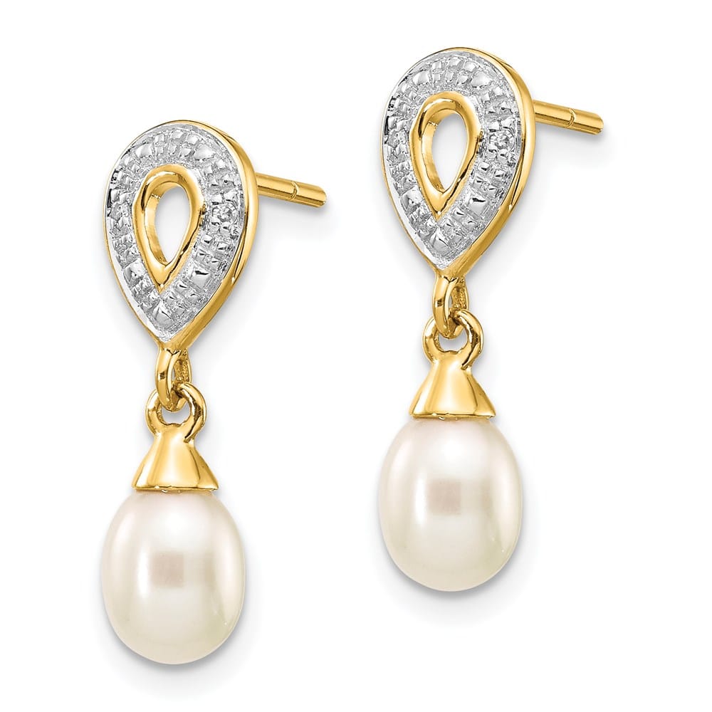 14K Yellow Gold 7x5mm White Teardrop Freshwater Pearl and Earrings