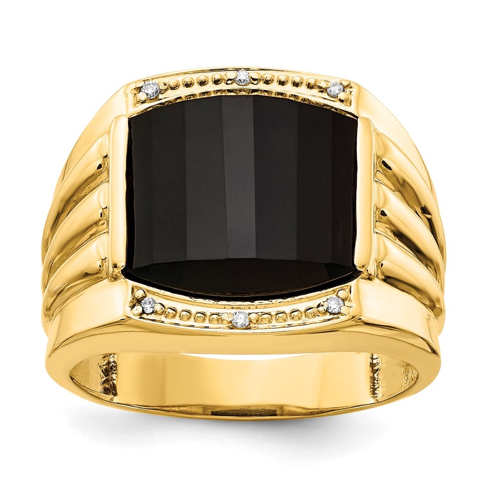 14k Yellow Gold 8.18 g Barrel Onyx and SI2/SI3 Diamond Men's Ring