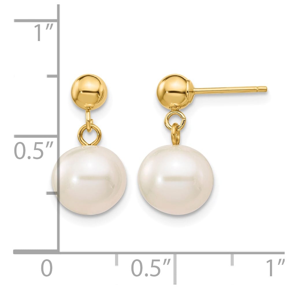 14K Yellow Gold 8-8.5mm White Round Freshwater Pearl Post Earrings