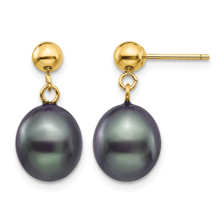 14K Yellow Gold 8-9mm Black Rice Freshwater Pearl Dangle Post Earrings