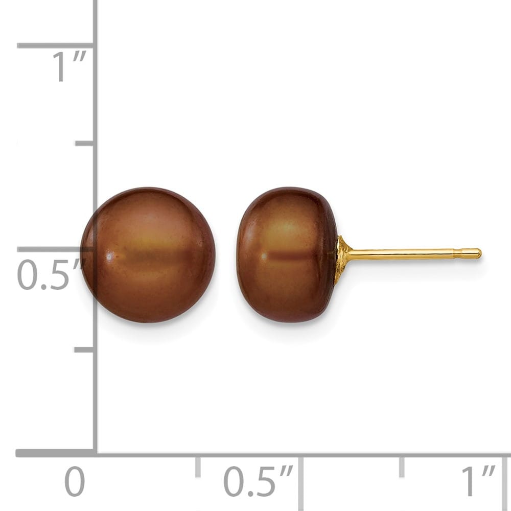 14K Yellow Gold 8-9mm Brown Button Freshwater Pearl Stud Post Earrings