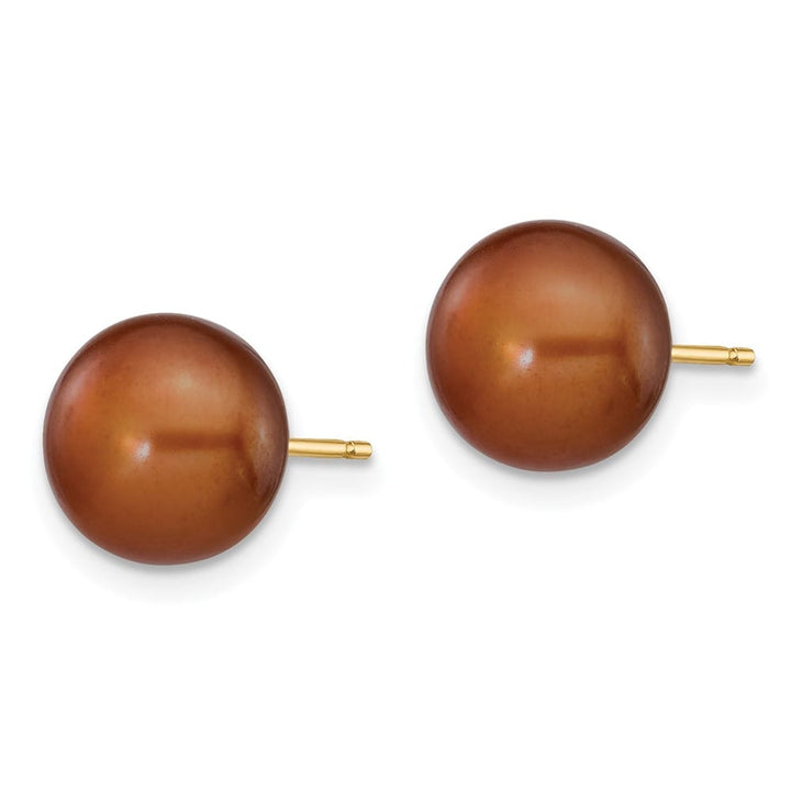 14K Yellow Gold 8-9mm Brown Button Freshwater Pearl Stud Post Earrings