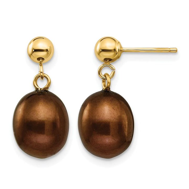 14K Yellow Gold 8-9mm Brown Rice Freshwater Pearl Dangle Post Earrings
