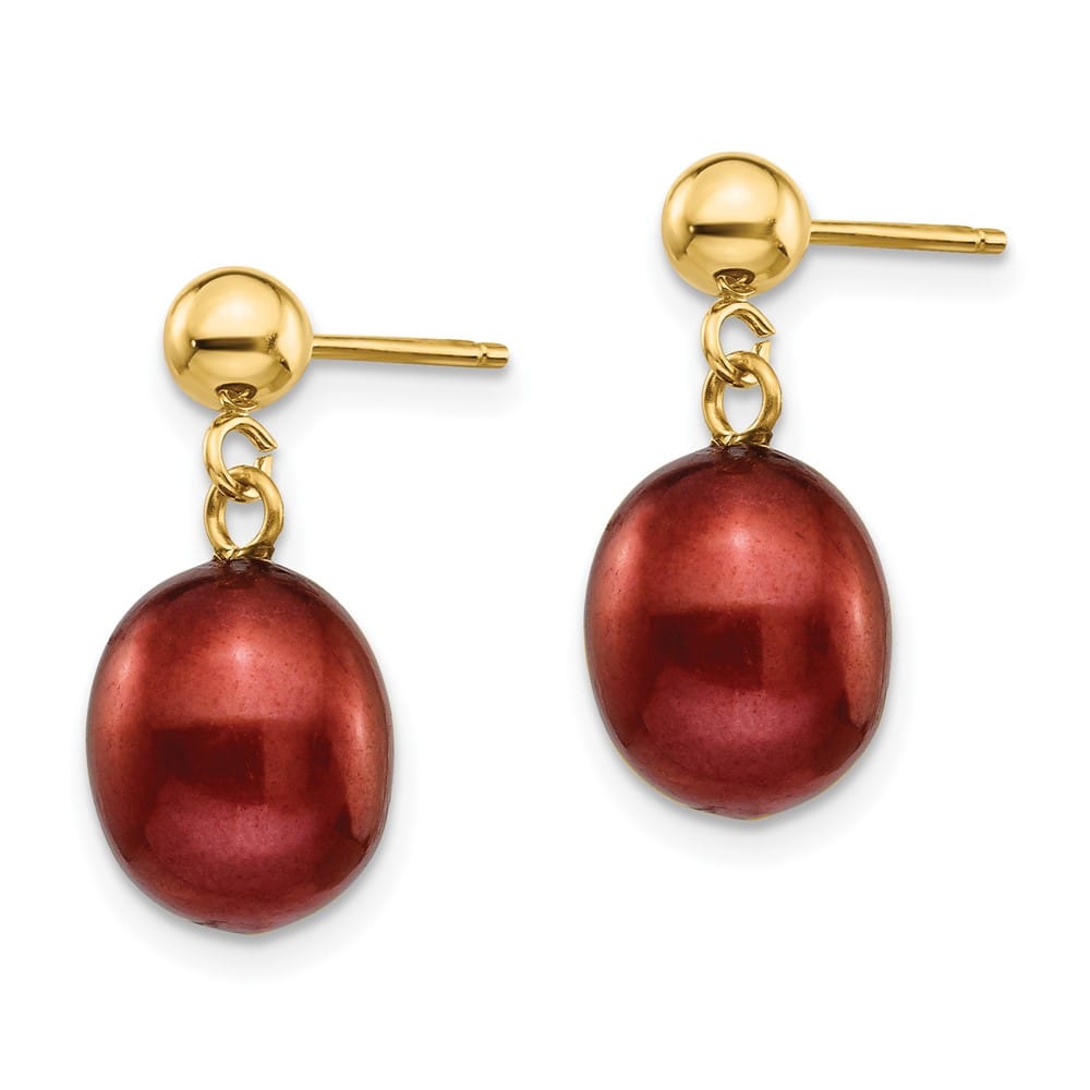 14K Yellow Gold 8-9mm Brown Rice Freshwater Pearl Dangle Post Earrings