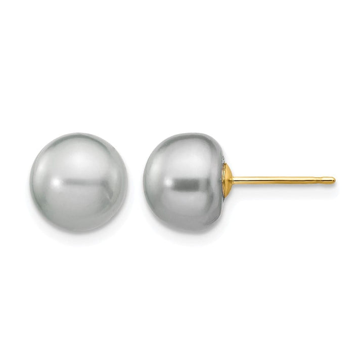 14K Yellow Gold 8-9mm Grey Button Freshwater Pearl Stud Post Earrings