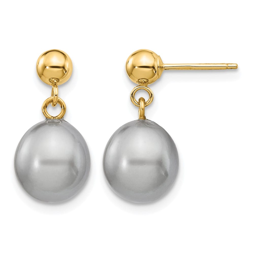 14K Yellow Gold 8-9mm Grey Rice Freshwater Pearl Dangle Post Earrings