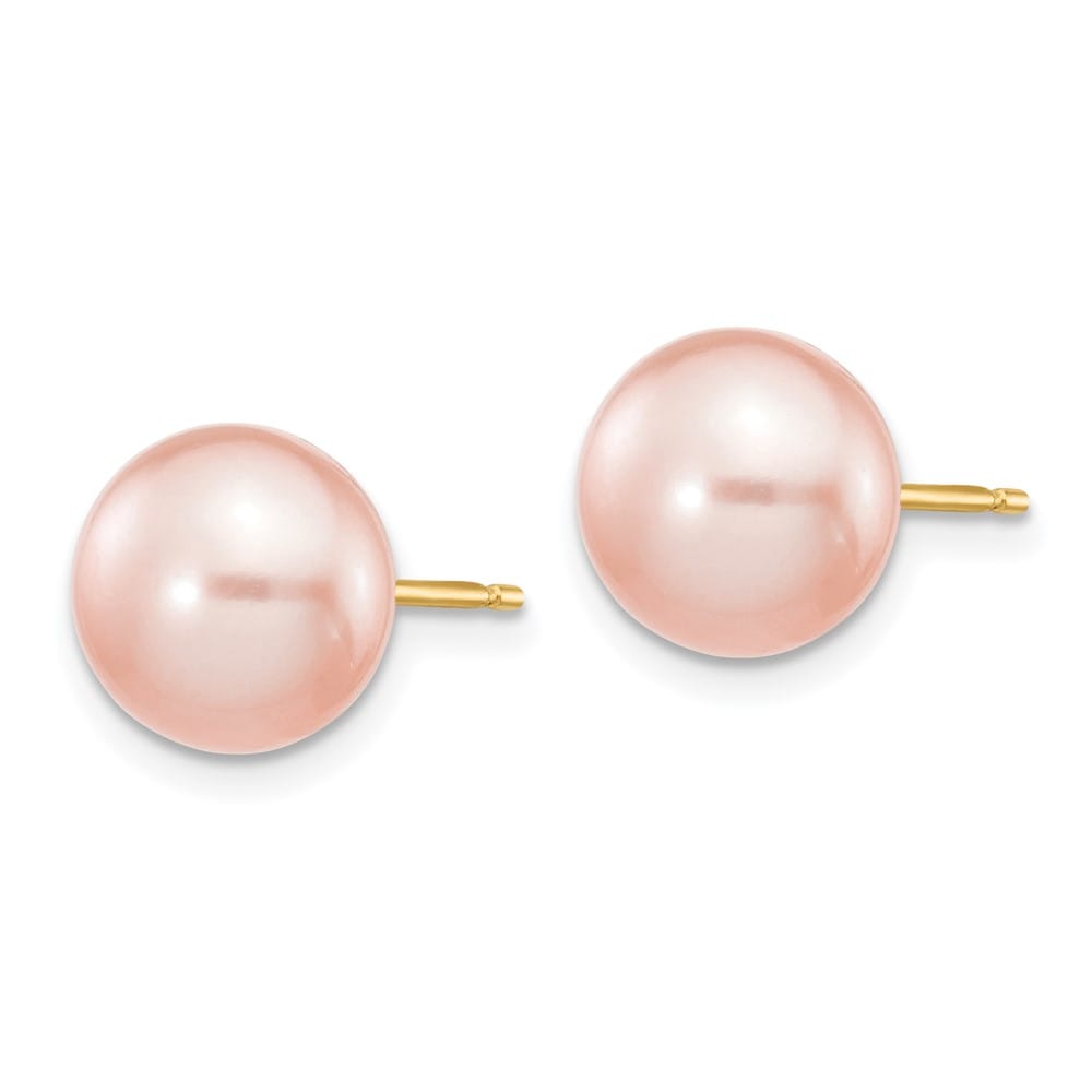 14K Yellow Gold 8-9mm Pink Button Freshwater Pearl Stud Post Earrings
