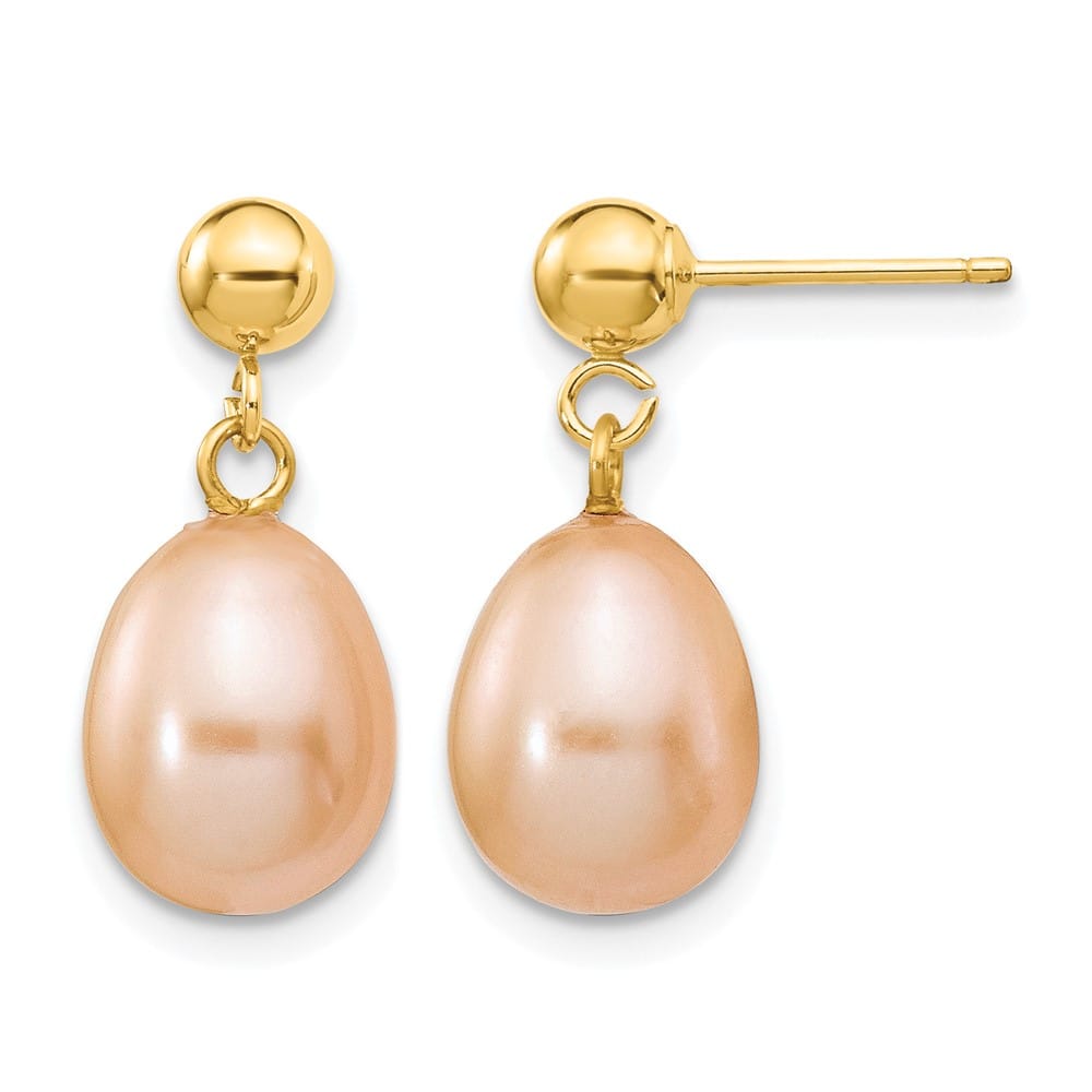 14K Yellow Gold 8-9mm Pink Rice Freshwater Pearl Dangle Post Earrings